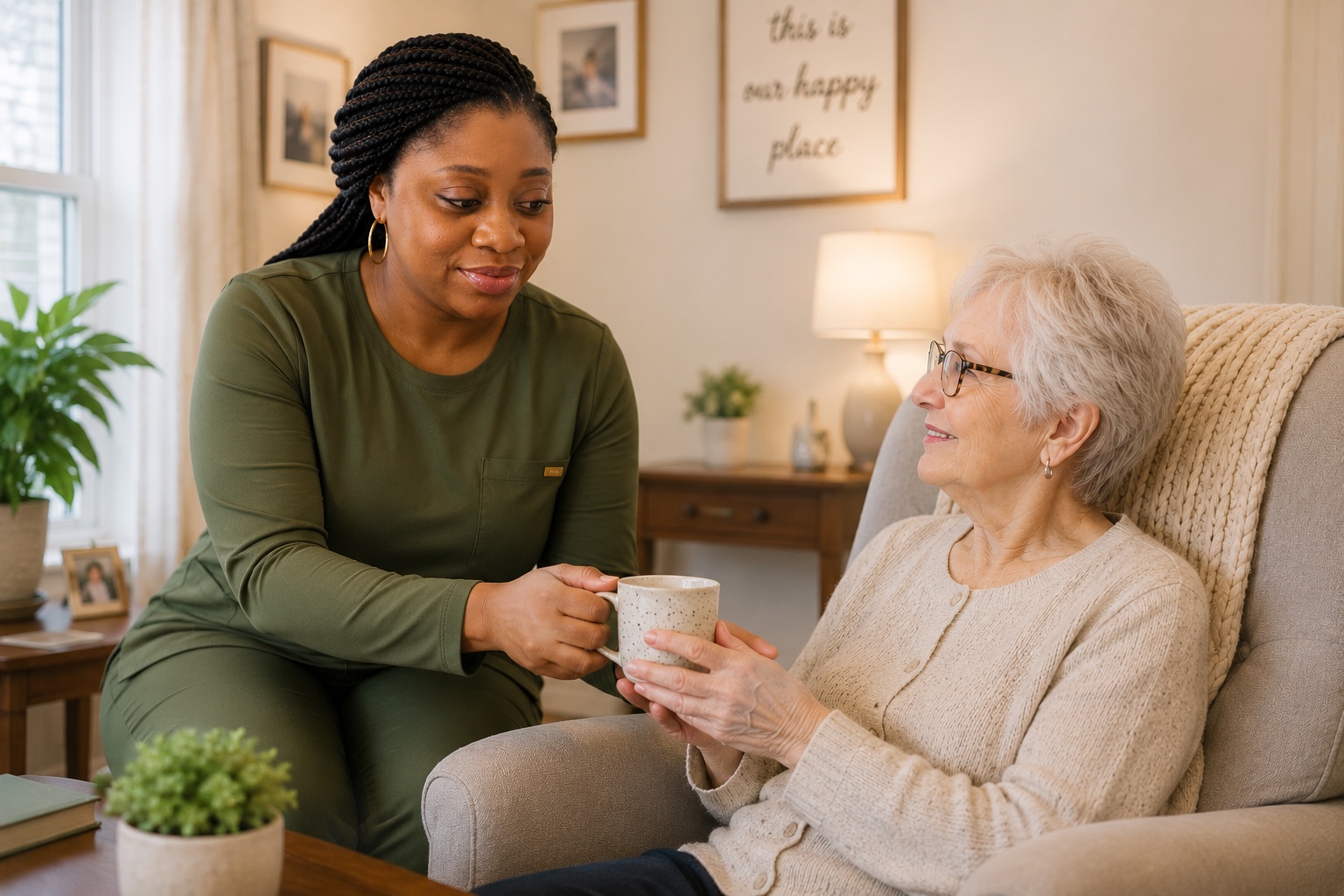 A senior couple sharing a relaxed morning together at home in Calgary