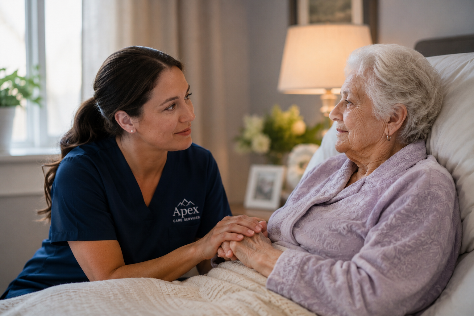 Two pairs of hands gently held — calm, warm palliative presence